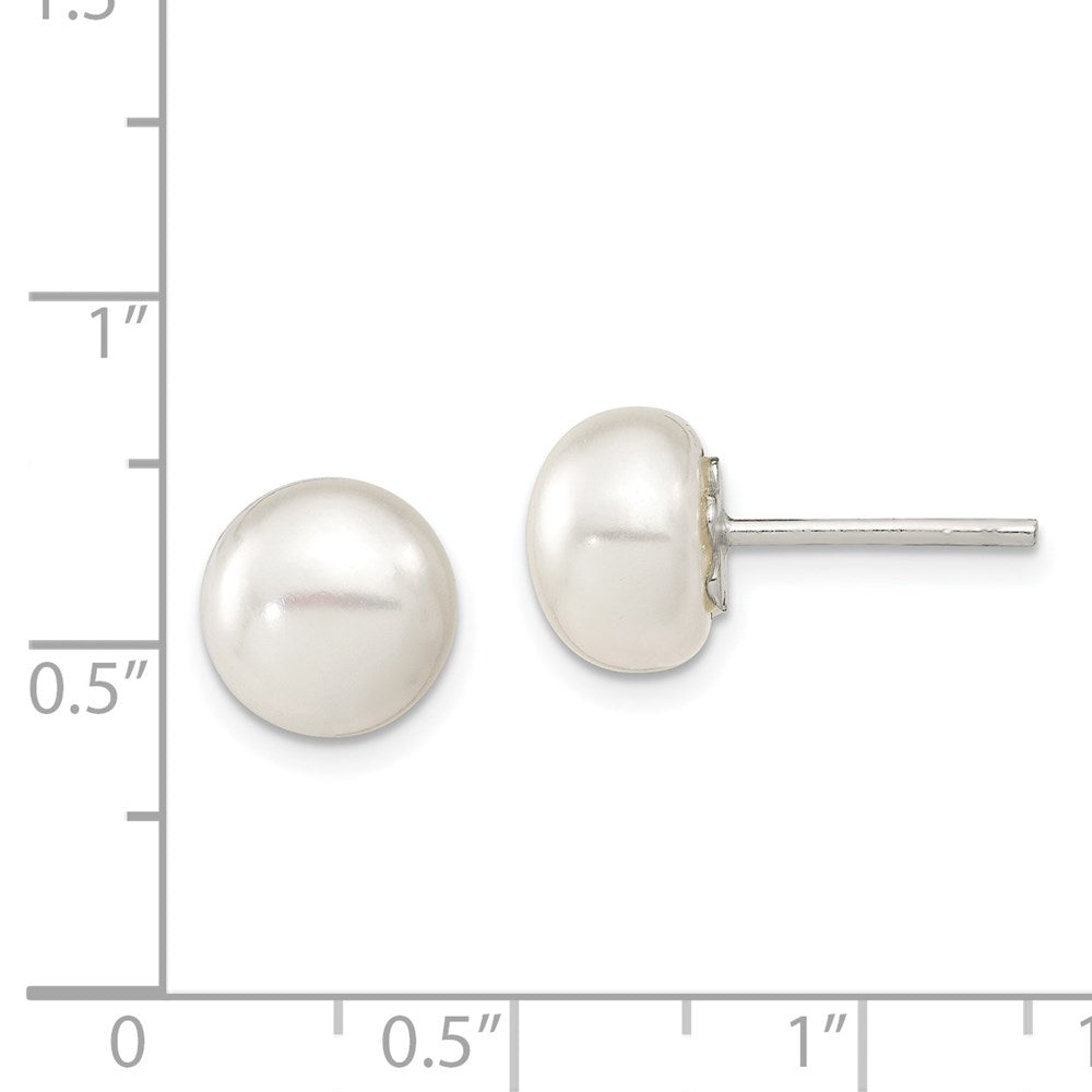 QE2033 Sterling Silver White FW Cultured Pearl 9-10mm Button Earrings