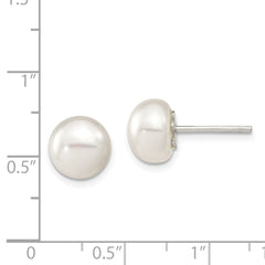 QE2033 Sterling Silver White FW Cultured Pearl 9-10mm Button Earrings