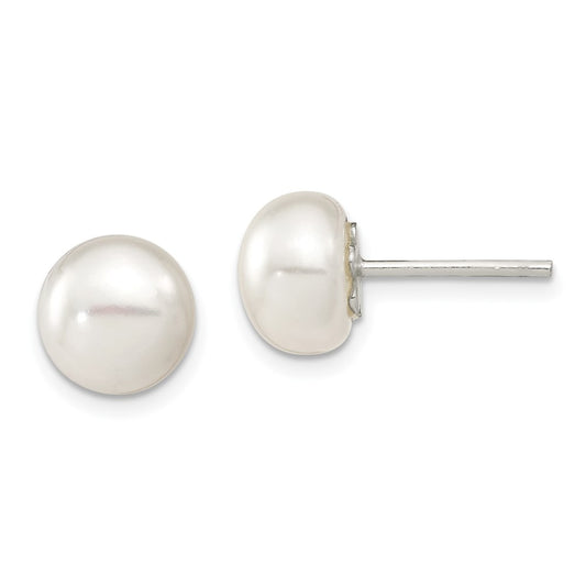 QE2033 Sterling Silver White FW Cultured Pearl 9-10mm Button Earrings