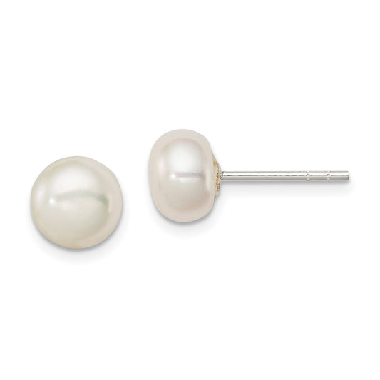QE2038 Sterling Silver White FW Cultured Pearl 7-8mm Button Earrings
