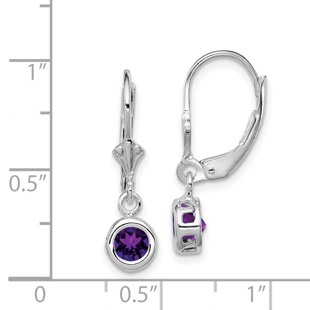 QE2040AM Sterling Silver Rhodium Plated 5mm Round Amethyst Leverback Earrings