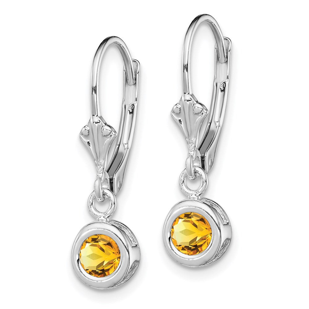 QE2040CI Sterling Silver Rhodium Plated 5mm Round Citrine Leverback Earrings