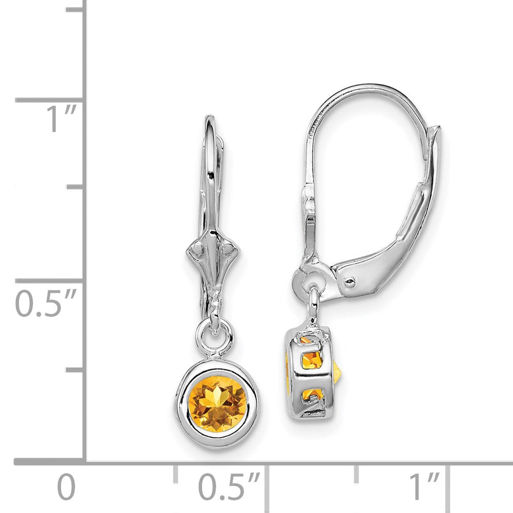 QE2040CI Sterling Silver Rhodium Plated 5mm Round Citrine Leverback Earrings