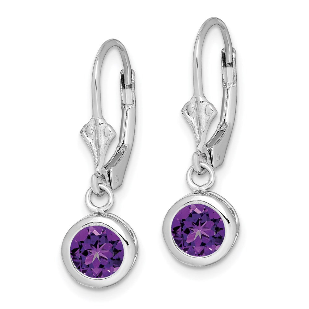 QE2041AM Sterling Silver Rhodium Plated 6mm Round Amethyst Leverback Earrings