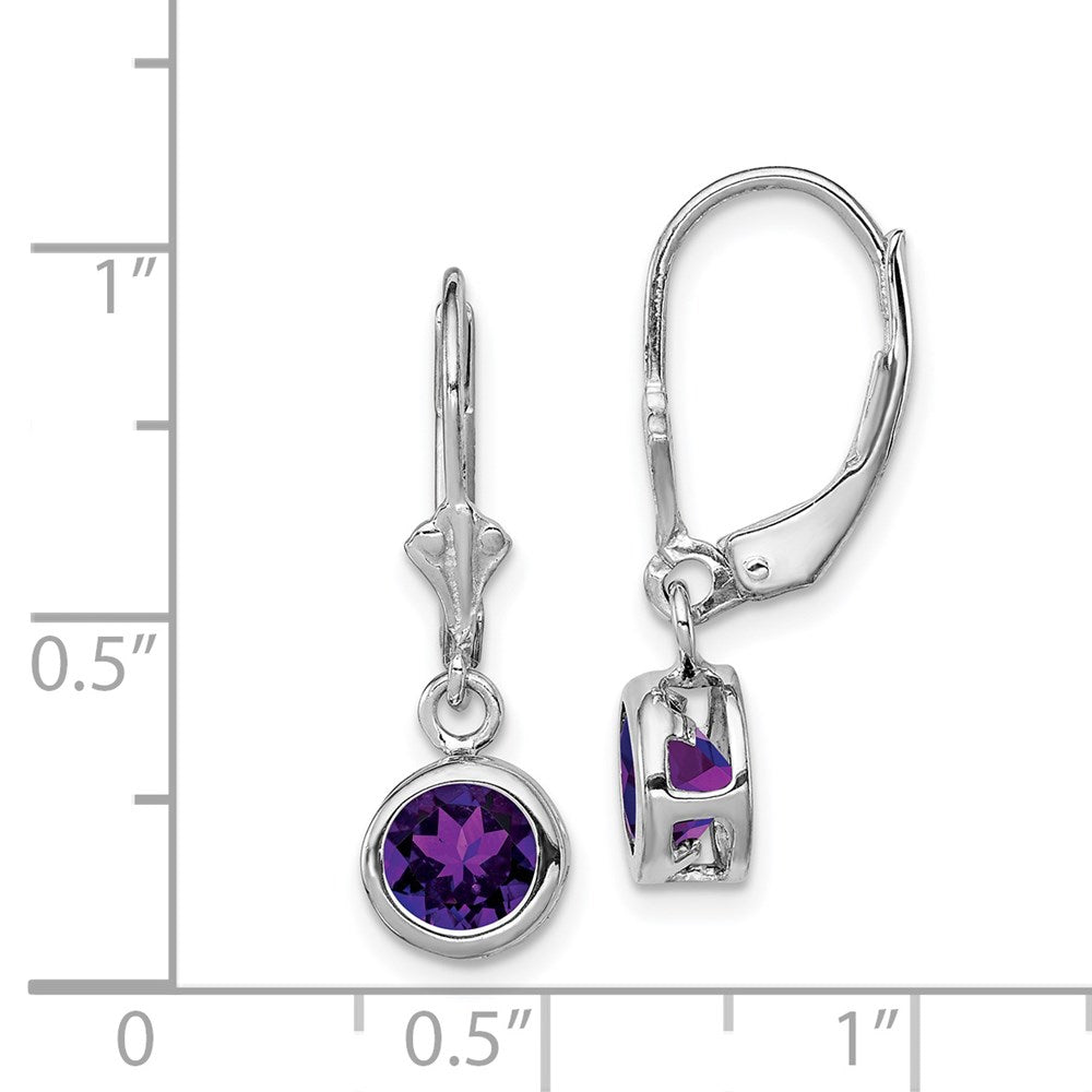 QE2041AM Sterling Silver Rhodium Plated 6mm Round Amethyst Leverback Earrings