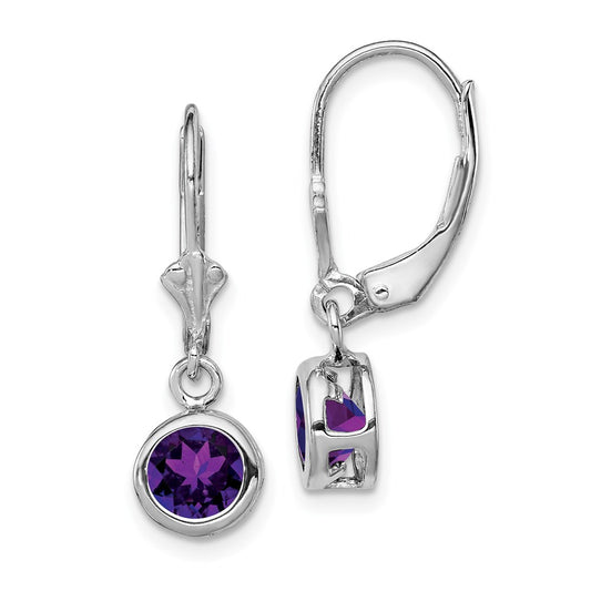 QE2041AM Sterling Silver Rhodium Plated 6mm Round Amethyst Leverback Earrings