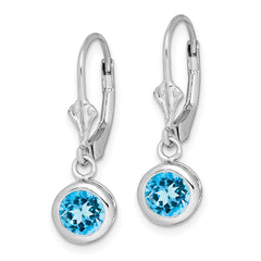 QE2041BT Sterling Silver Rhodium Plated 6mm Round Blue Topaz Leverback Earrings