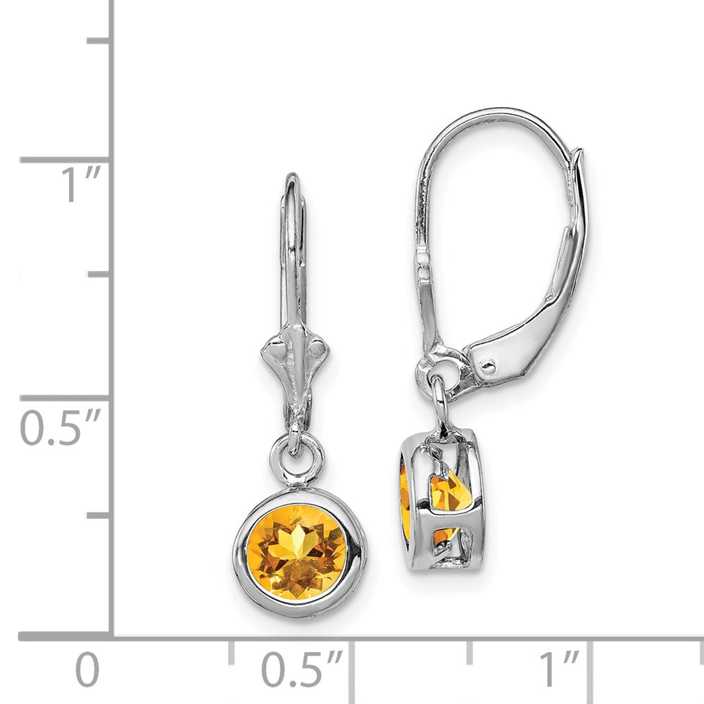 QE2041CI Sterling Silver Rhodium Plated 6mm Round Citrine Leverback Earrings