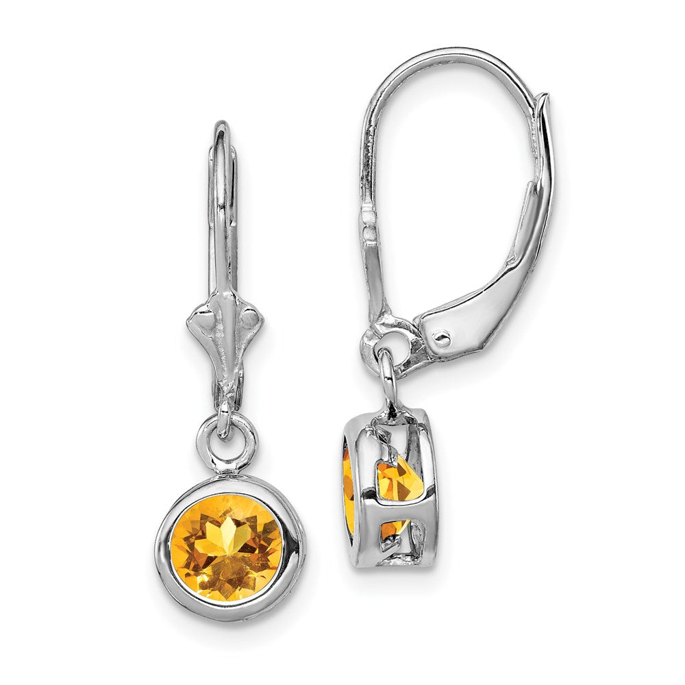 QE2041CI Sterling Silver Rhodium Plated 6mm Round Citrine Leverback Earrings