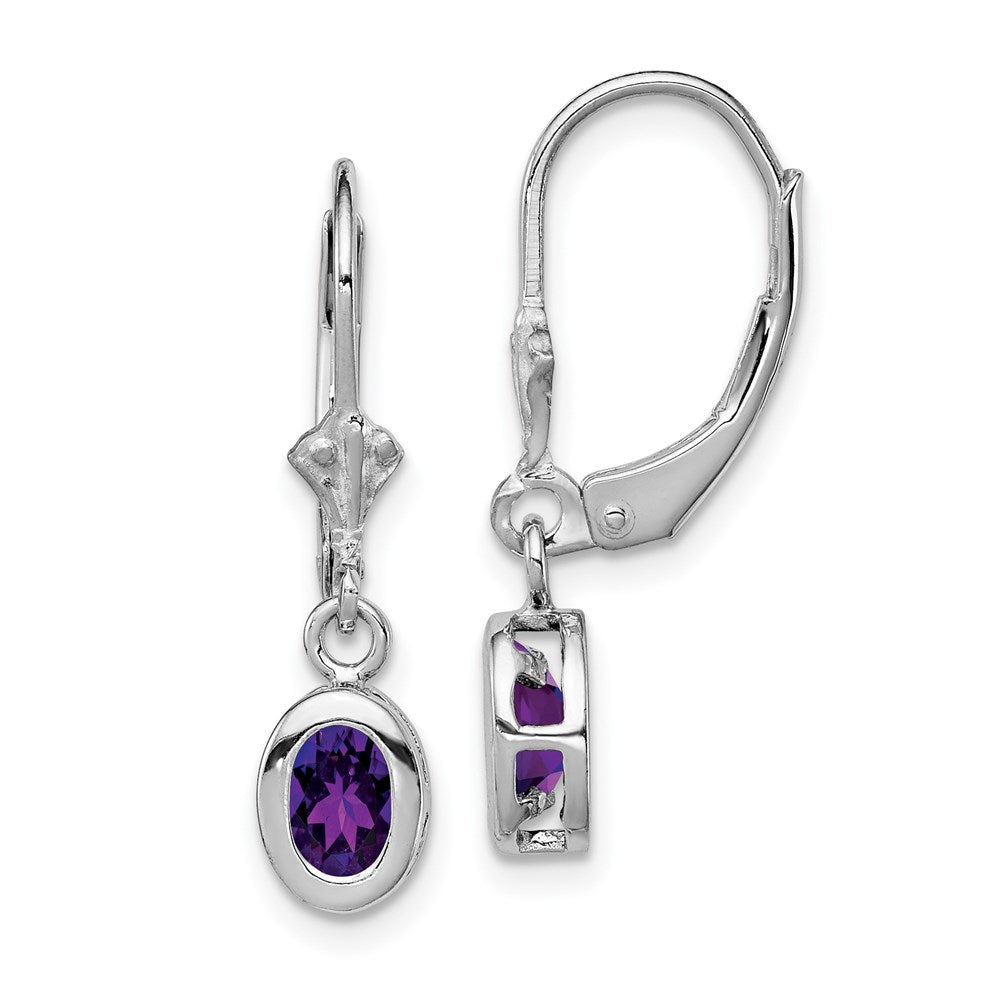 QE2042AM Sterling Silver Rhodium Plated 6x4mm Oval Amethyst Leverback Earrings