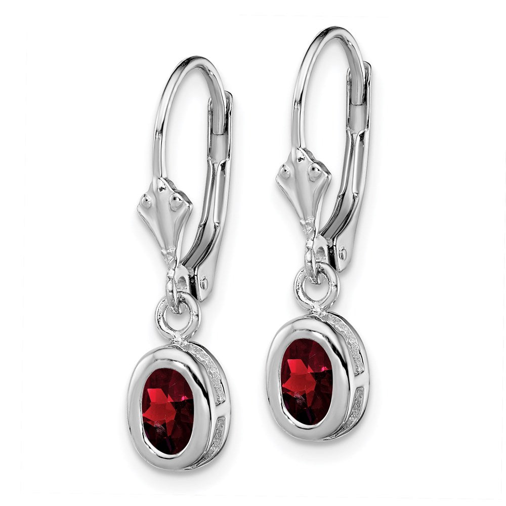 QE2042GA Sterling Silver Rhodium 6x4mm Oval Garnet Leverback Earrings