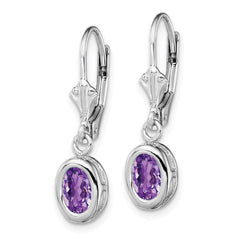 QE2043AM Sterling Silver Rhodium Plated 7x5mm Oval Amethyst Leverback Earrings