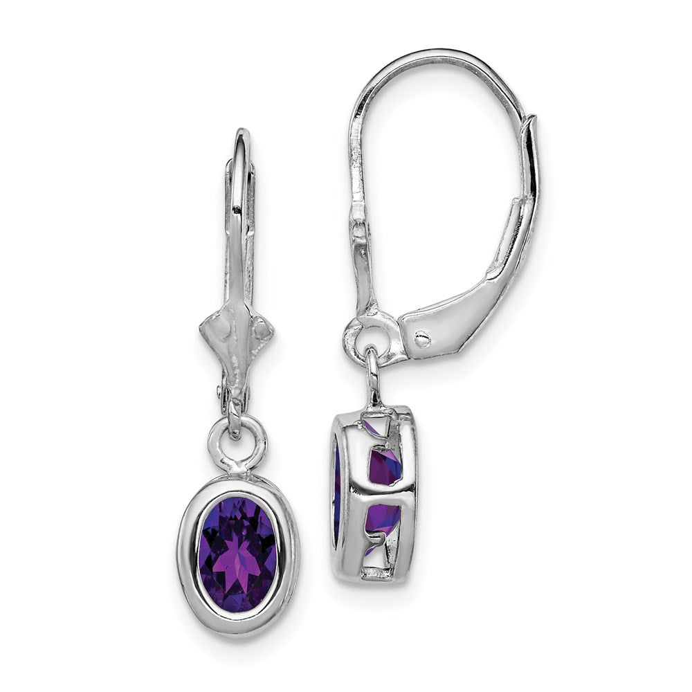 QE2043AM Sterling Silver Rhodium Plated 7x5mm Oval Amethyst Leverback Earrings