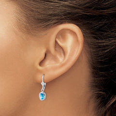 QE2043BT Sterling Silver Rhodium Plated 7x5mm Oval Blue Topaz Leverback Earrings