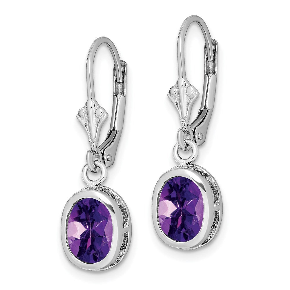 QE2044AM Sterling Silver Rhodium Plated 8x6mm Oval Amethyst Leverback Earrings