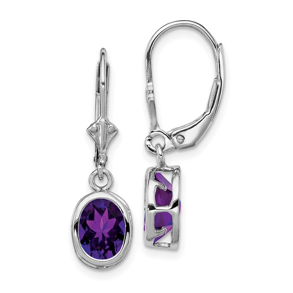 QE2044AM Sterling Silver Rhodium Plated 8x6mm Oval Amethyst Leverback Earrings