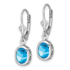 QE2044BT Sterling Silver Rhodium Plated 8x6mm Oval Blue Topaz Leverback Earrings