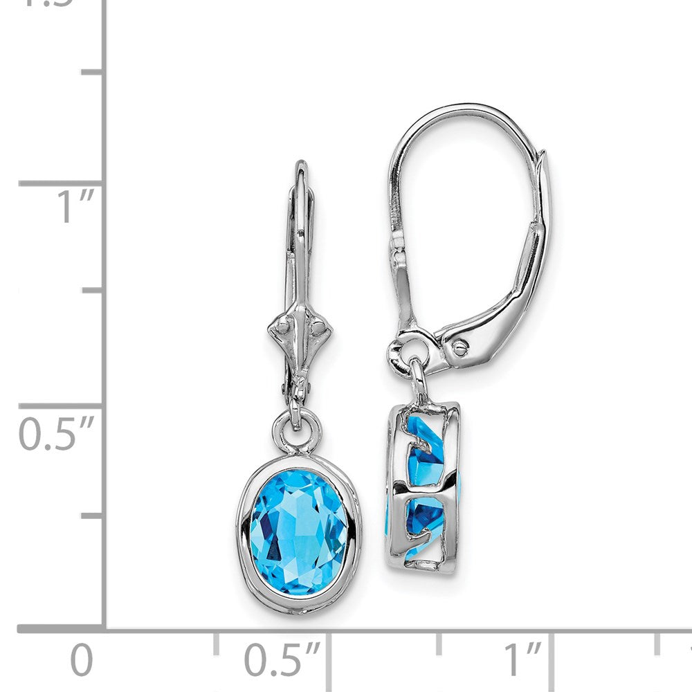 QE2044BT Sterling Silver Rhodium Plated 8x6mm Oval Blue Topaz Leverback Earrings