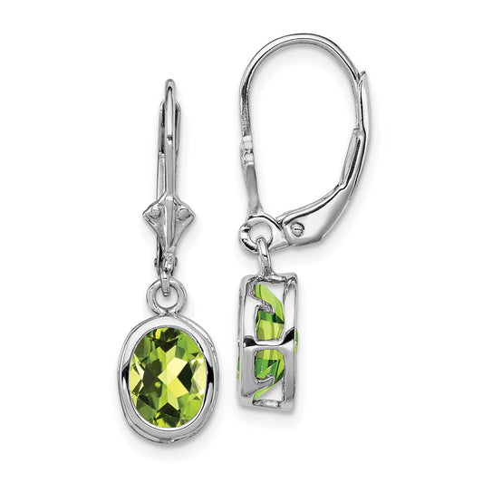 QE2044PE Sterling Silver Rhodium Plated 8x6mm Oval Peridot Leverback Earrings