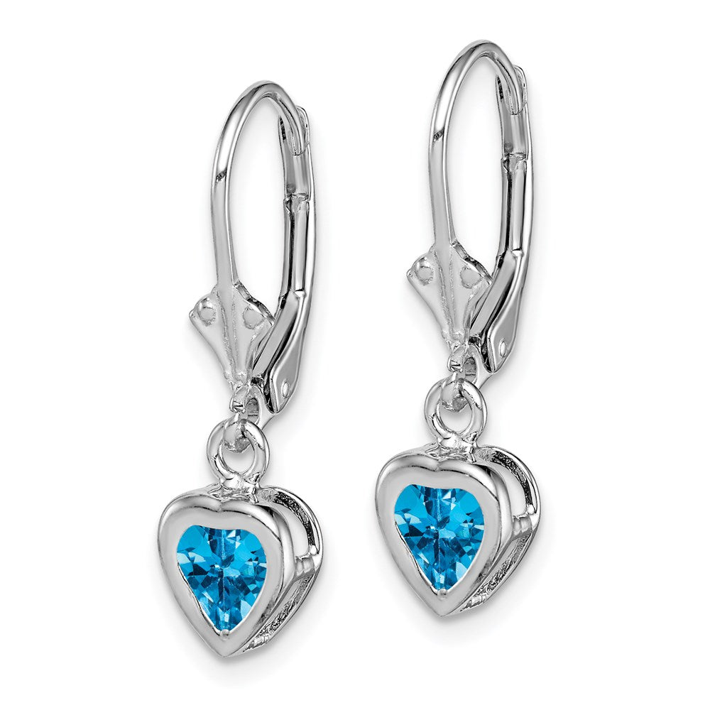 QE2046BT Sterling Silver Rhodium Plated 5mm Heart Blue Topaz Leverback Earrings