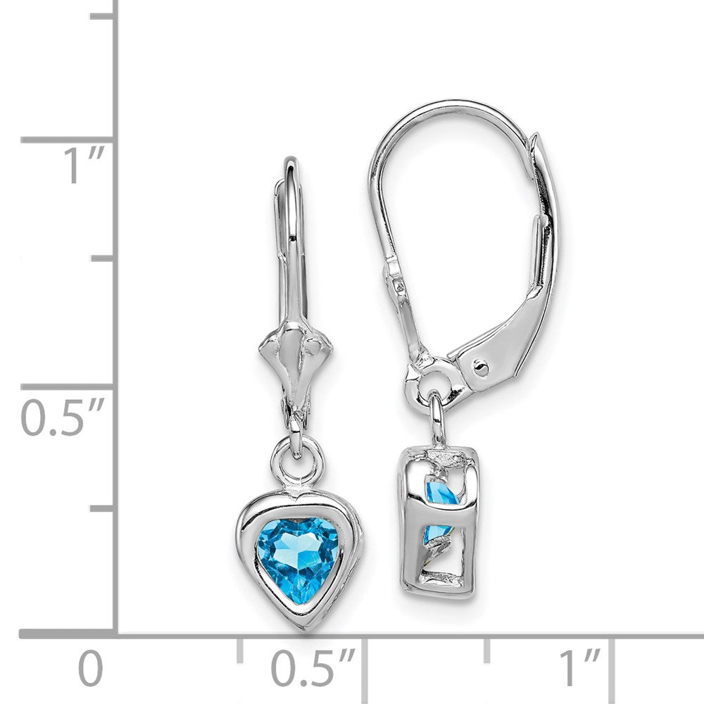 QE2046BT Sterling Silver Rhodium Plated 5mm Heart Blue Topaz Leverback Earrings