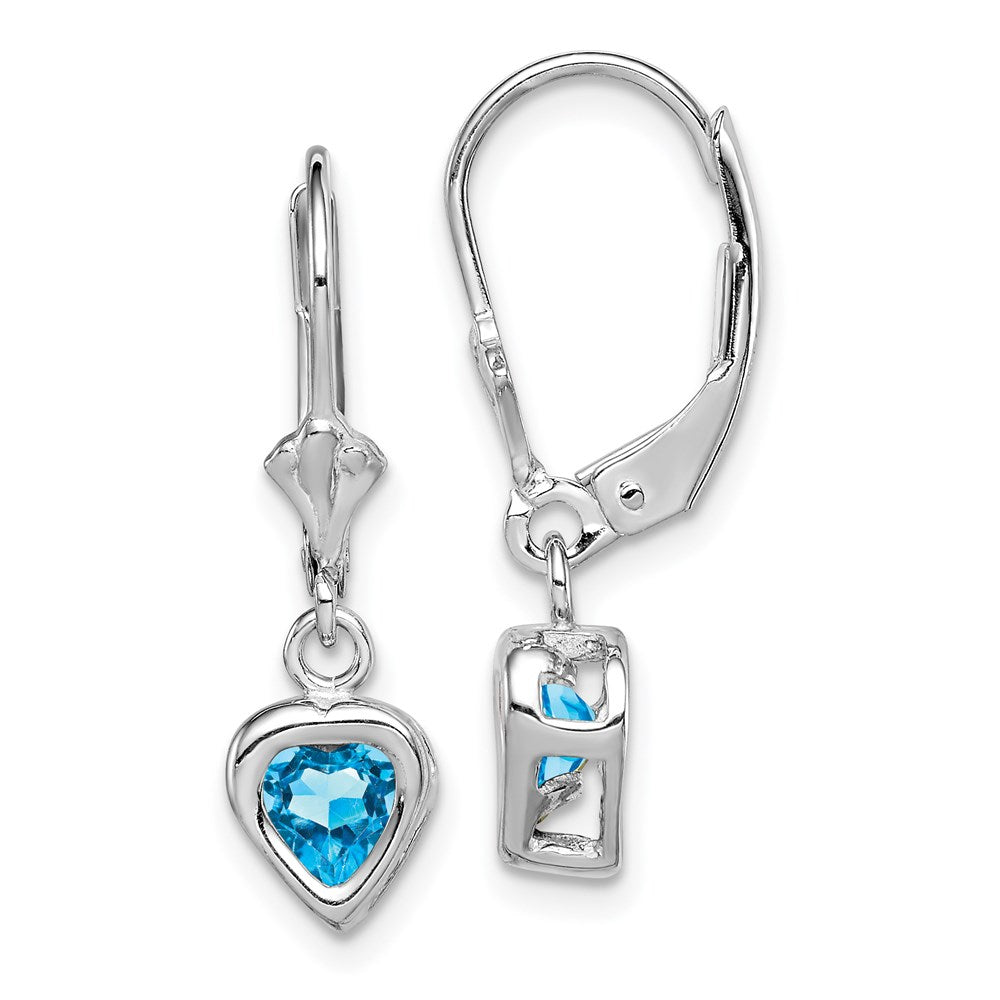 QE2046BT Sterling Silver Rhodium Plated 5mm Heart Blue Topaz Leverback Earrings