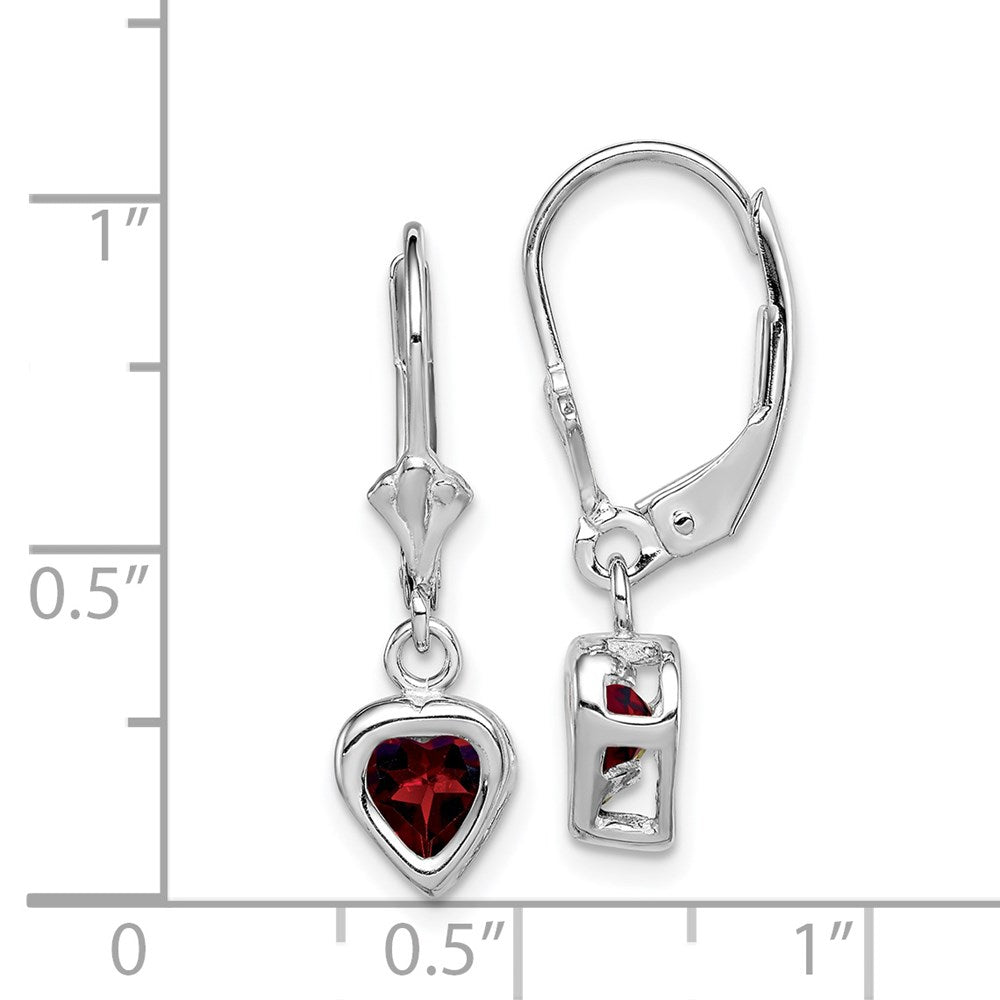 QE2046GA Sterling Silver Rhodium Plated 5mm Heart Garnet Leverback Earrings