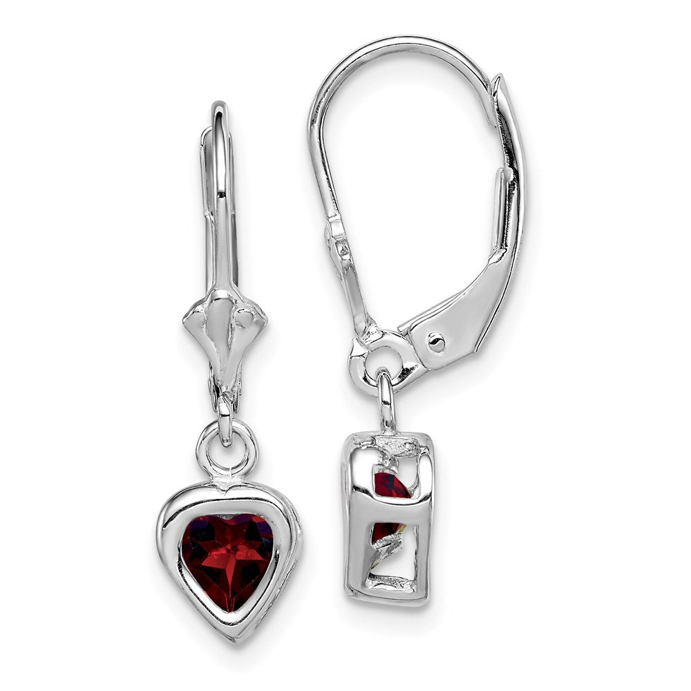 QE2046GA Sterling Silver Rhodium Plated 5mm Heart Garnet Leverback Earrings