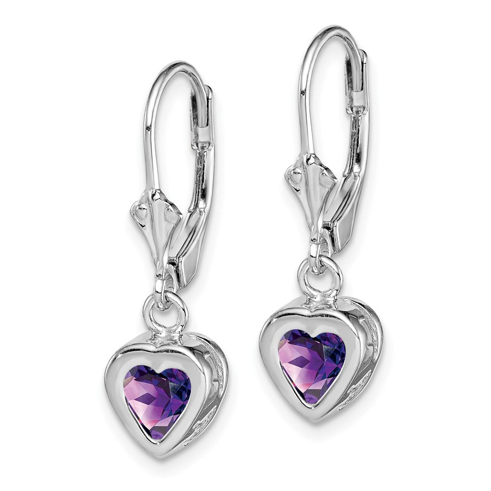 QE2047AM Sterling Silver Rhodium Plated 6mm Heart Amethyst Leverback Earrings
