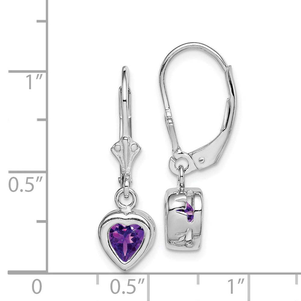 QE2047AM Sterling Silver Rhodium Plated 6mm Heart Amethyst Leverback Earrings