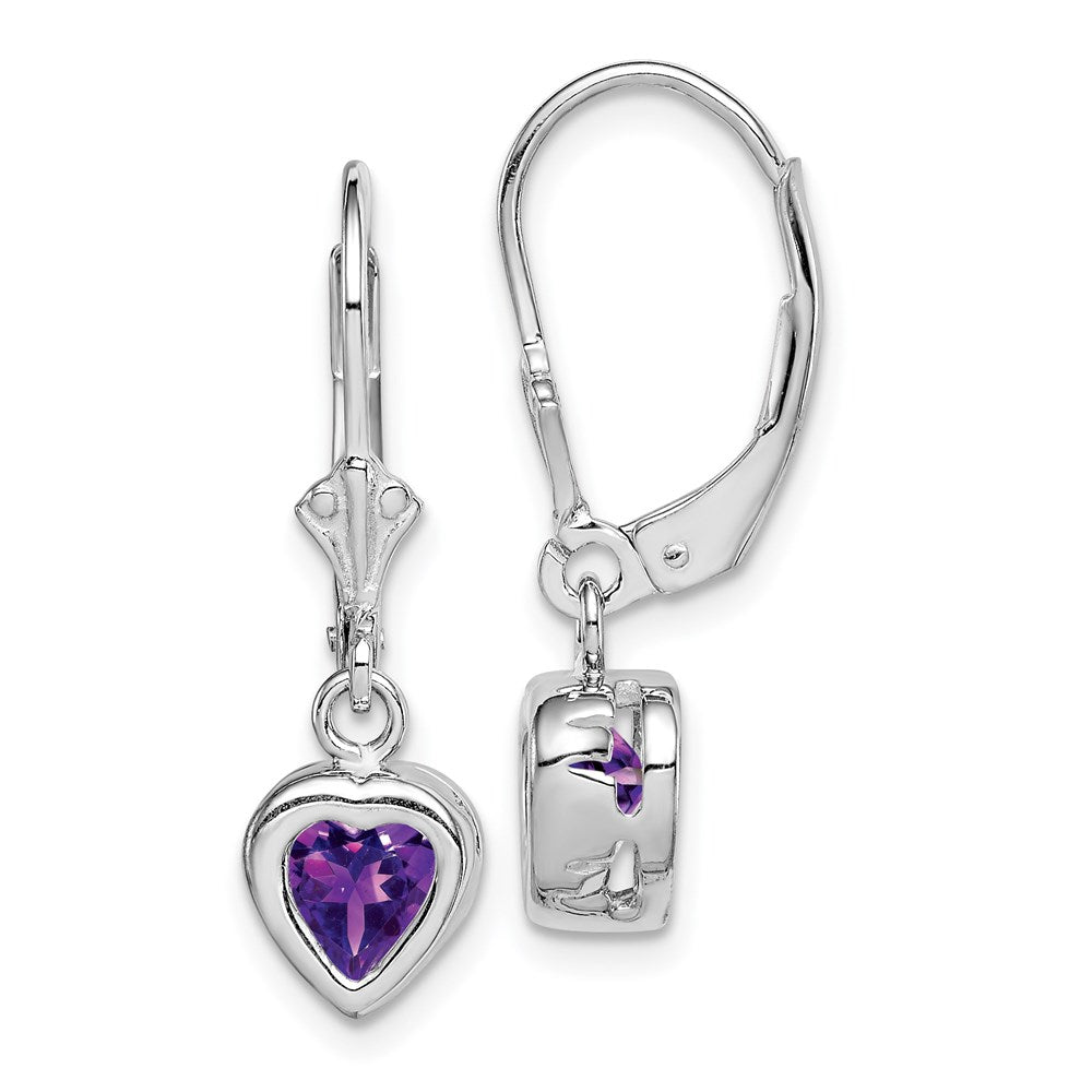 QE2047AM Sterling Silver Rhodium Plated 6mm Heart Amethyst Leverback Earrings