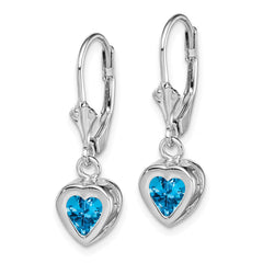 QE2047BT Sterling Silver Rhodium Plated 6mm Heart Blue Topaz Leverback Earrings