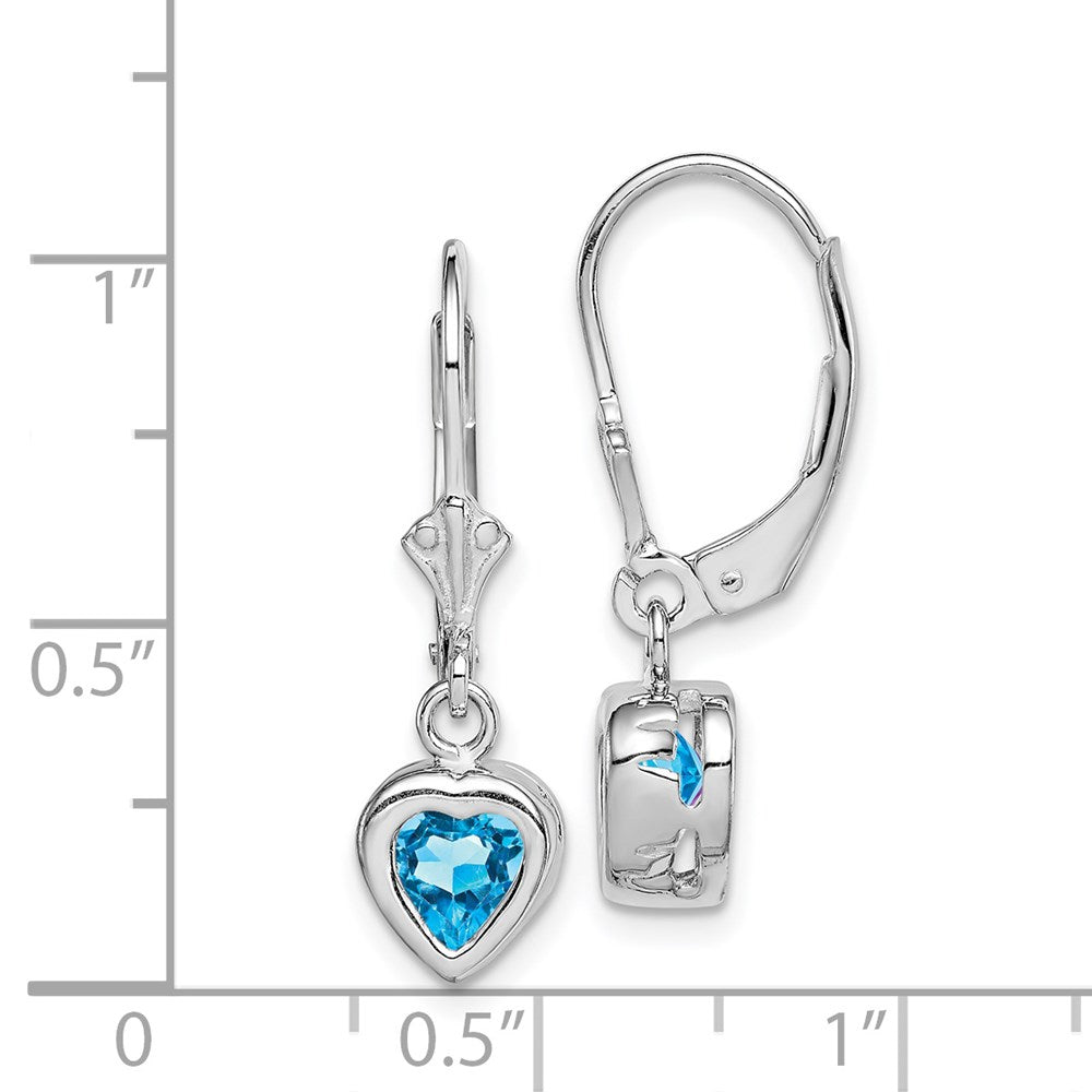 QE2047BT Sterling Silver Rhodium Plated 6mm Heart Blue Topaz Leverback Earrings