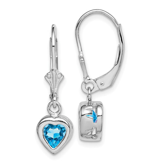 QE2047BT Sterling Silver Rhodium Plated 6mm Heart Blue Topaz Leverback Earrings