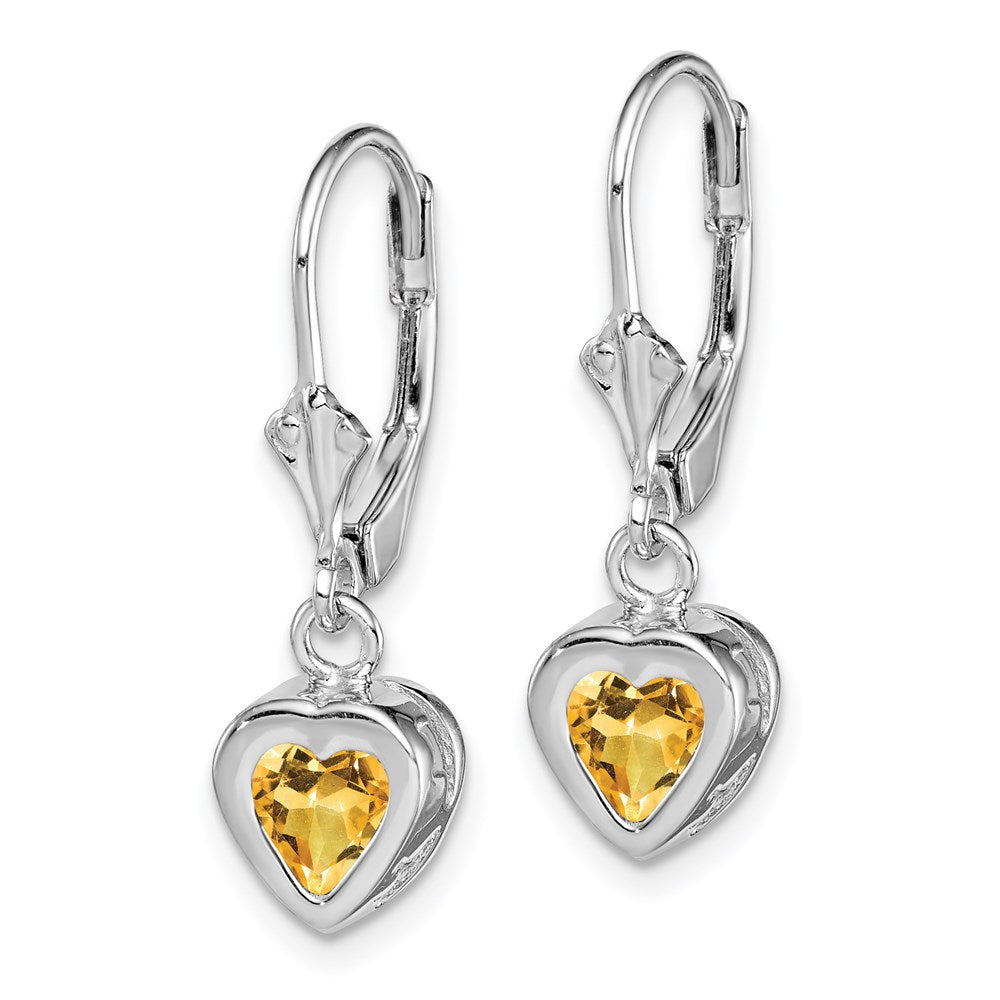 QE2047CI Sterling Silver Rhodium Plated 6mm Heart Citrine Leverback Earrings