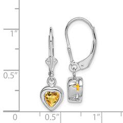 QE2047CI Sterling Silver Rhodium Plated 6mm Heart Citrine Leverback Earrings