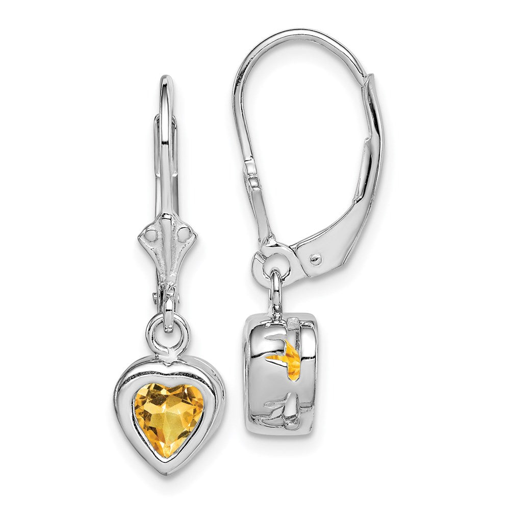 QE2047CI Sterling Silver Rhodium Plated 6mm Heart Citrine Leverback Earrings
