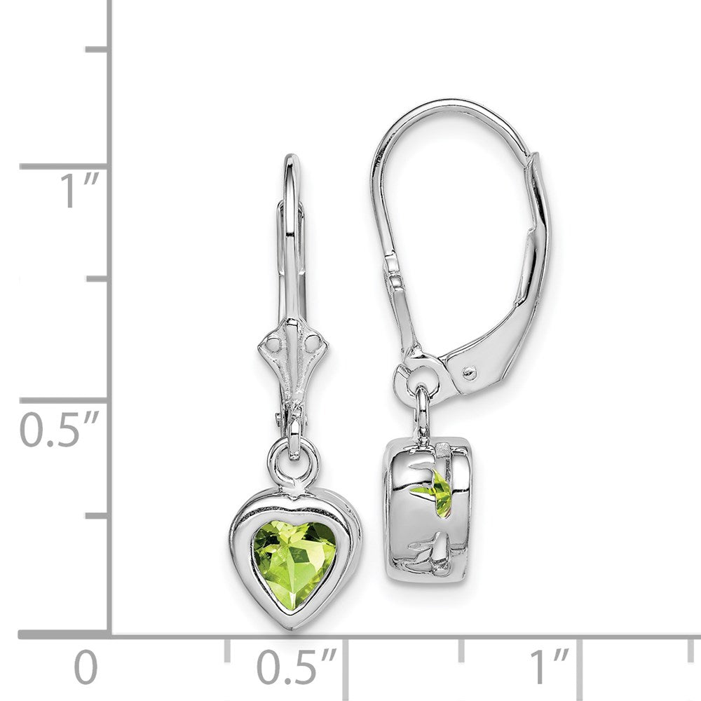 QE2047PE Sterling Silver Rhodium Plated 6mm Heart Peridot Leverback Earrings