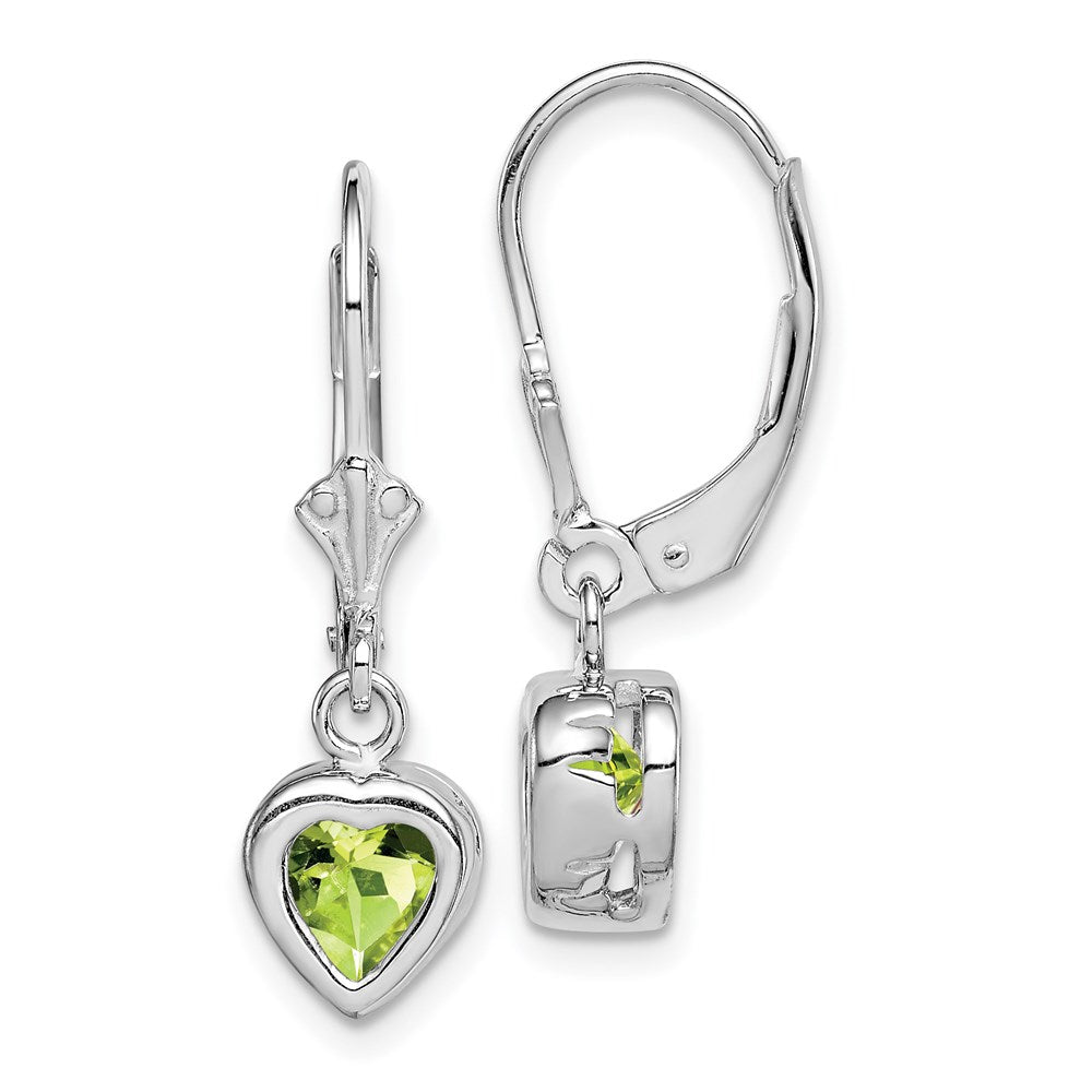 QE2047PE Sterling Silver Rhodium Plated 6mm Heart Peridot Leverback Earrings