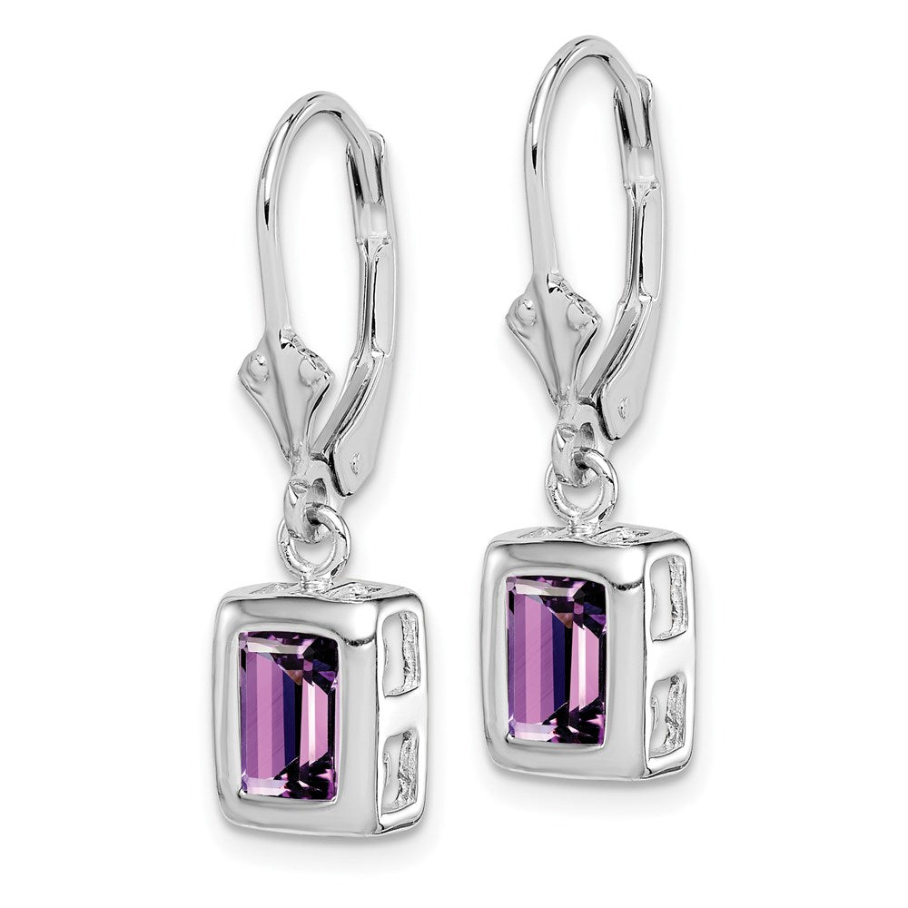 QE2048AM Sterling Silver RH Plated 7x5 Emerald Cut Amethyst Leverback Earrings