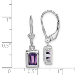 QE2048AM Sterling Silver RH Plated 7x5 Emerald Cut Amethyst Leverback Earrings