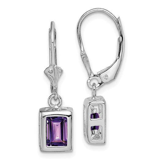 QE2048AM Sterling Silver RH Plated 7x5 Emerald Cut Amethyst Leverback Earrings