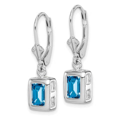 QE2048BT Sterling Silver RH Plated 7x5 Emerald Cut Blue Topaz Leverback Earrings
