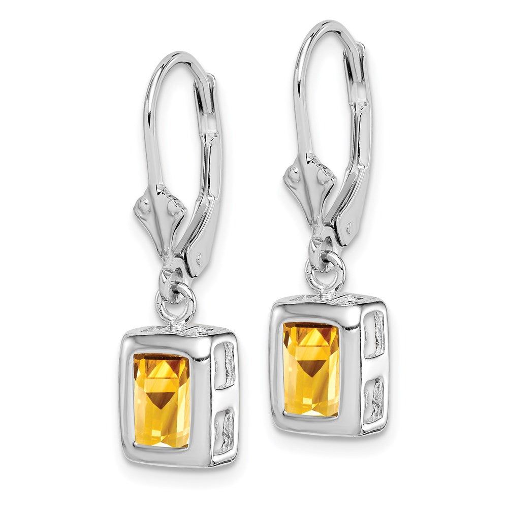 QE2048CI Sterling Silver Rhodium Plated 7x5 Emerald Cut Citrine Leverback Earrings