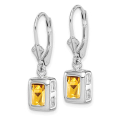 QE2048CI Sterling Silver Rhodium Plated 7x5 Emerald Cut Citrine Leverback Earrings