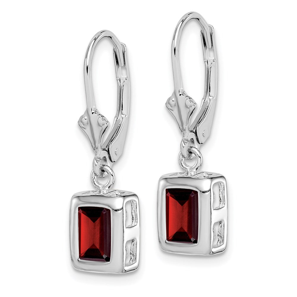 QE2048GA Sterling Silver Rhodium Plated 7x5 Emerald Cut Garnet Leverback Earrings