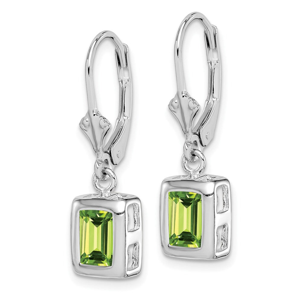 QE2048PE Sterling Silver Rhodium Plated 7x5 Emerald Cut Peridot Leverback Earrings