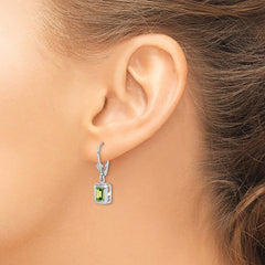QE2048PE Sterling Silver Rhodium Plated 7x5 Emerald Cut Peridot Leverback Earrings