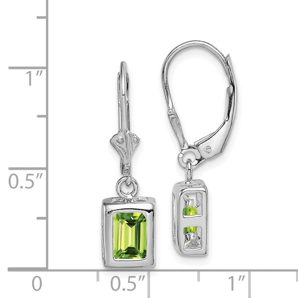 QE2048PE Sterling Silver Rhodium Plated 7x5 Emerald Cut Peridot Leverback Earrings