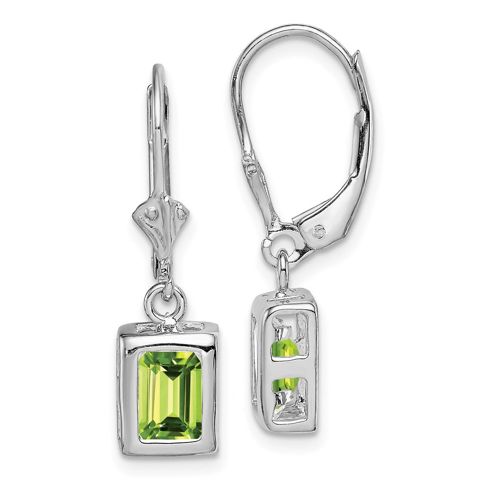 QE2048PE Sterling Silver Rhodium Plated 7x5 Emerald Cut Peridot Leverback Earrings